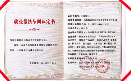 烏拉特前旗豐達源農貿有(yǒu)限責任公司榮獲就業幫扶車間認定證書